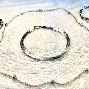 Silver set with small chain choker, herringbone bracelet, & rope hoop earrings